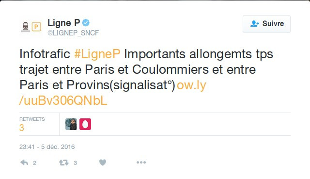 Twit de la ligne expliquant le retard